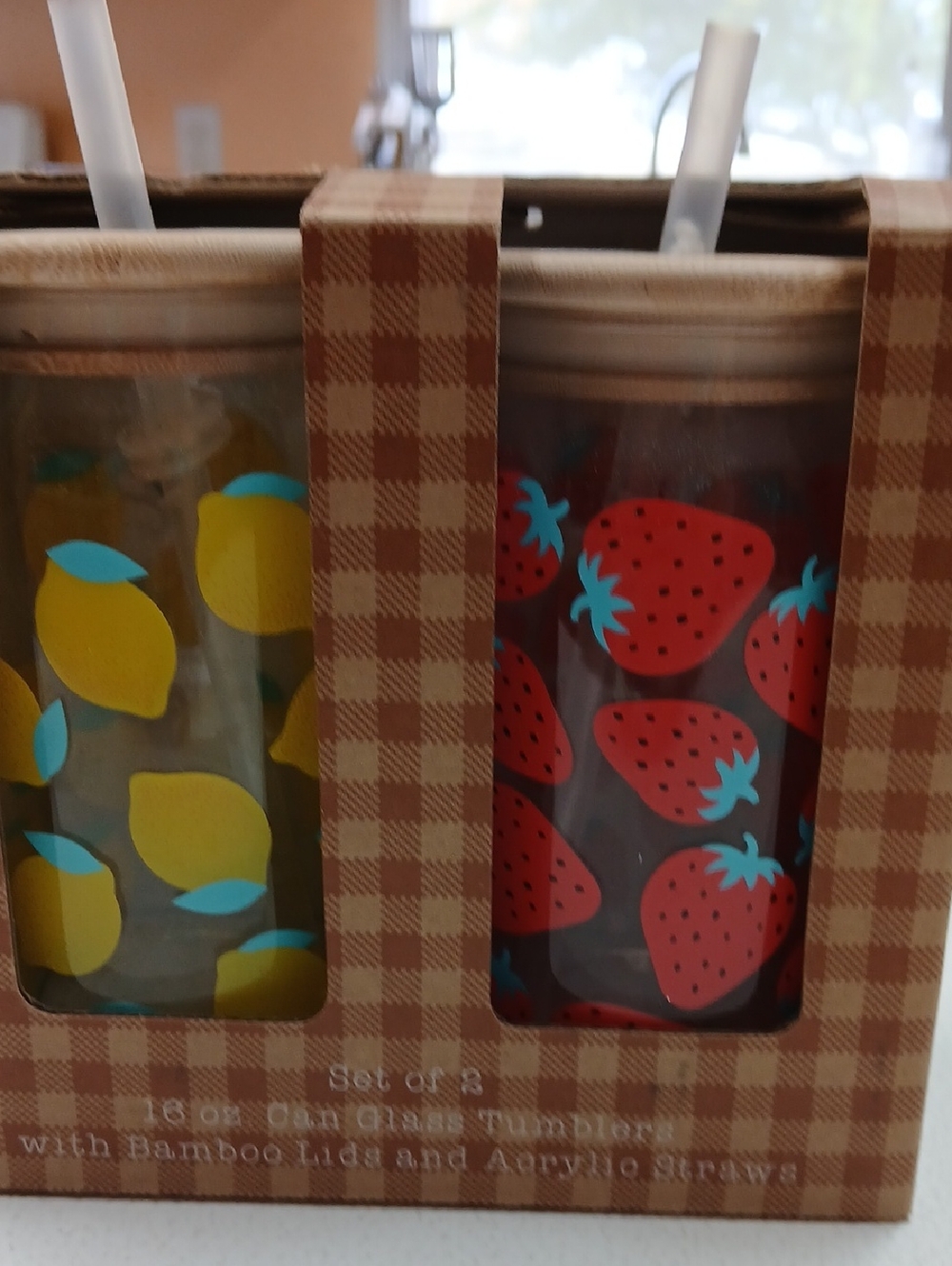 Fruit Pattern Glass Tumbler Set - Lemon & Strawberry